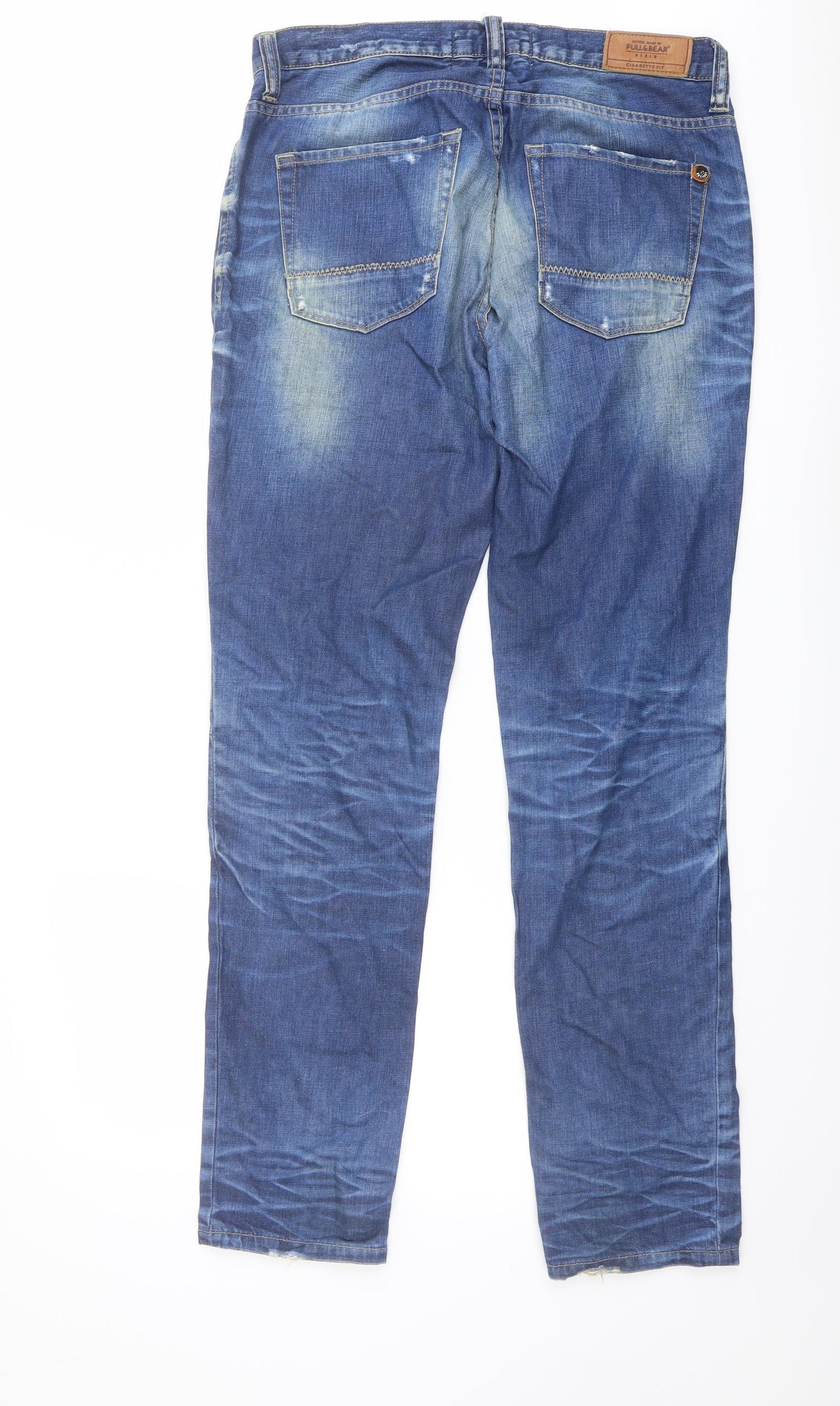 Pull&Bear Mens Blue Cotton Straight Jeans Size 32 in L32 in Regular Button
