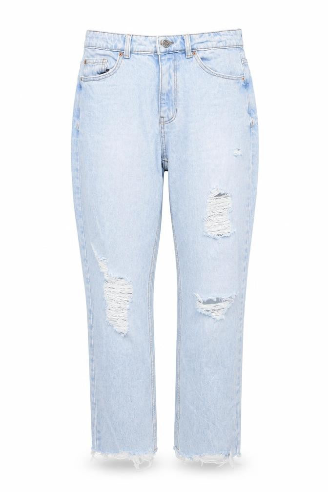 Front view of Denim & Co. women’s beige cotton mom jeans, size UK 10, 27-inch leg regular button