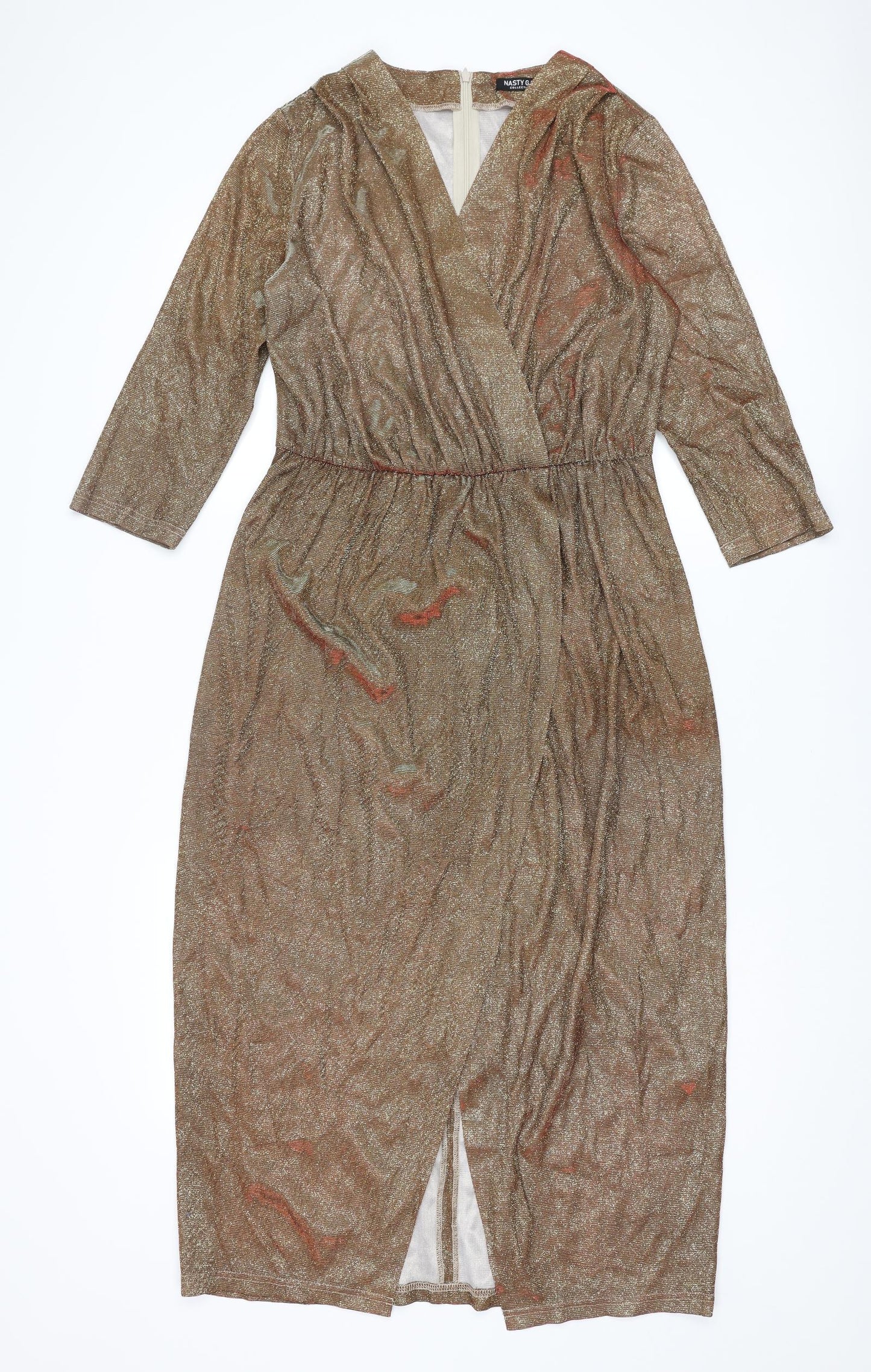 Nasty Gal Womens Gold Polyester A-Line Size 10 V-Neck Zip