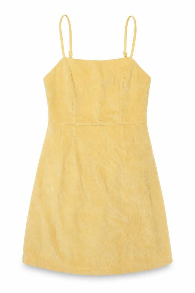 Front view of Cooperative women’s yellow polyester slip dress, size M, scoop neck zip