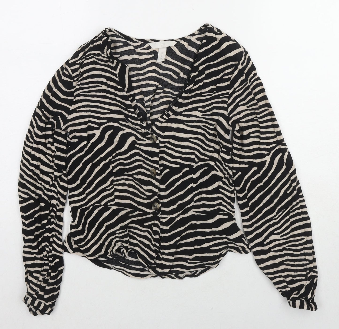 H&M Womens Black Animal Print Viscose Basic Button-Up Size 8 V-Neck - Tiger Print