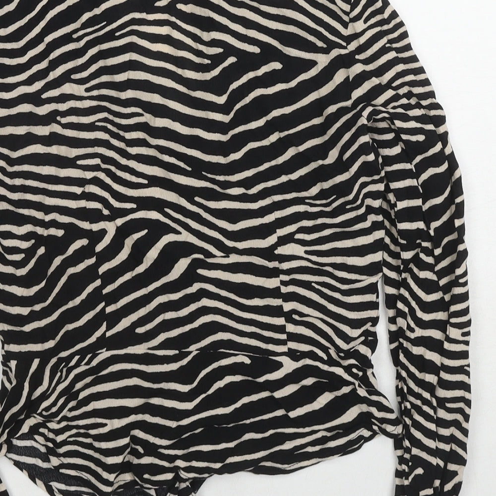 H&M Womens Black Animal Print Viscose Basic Button-Up Size 8 V-Neck - Tiger Print