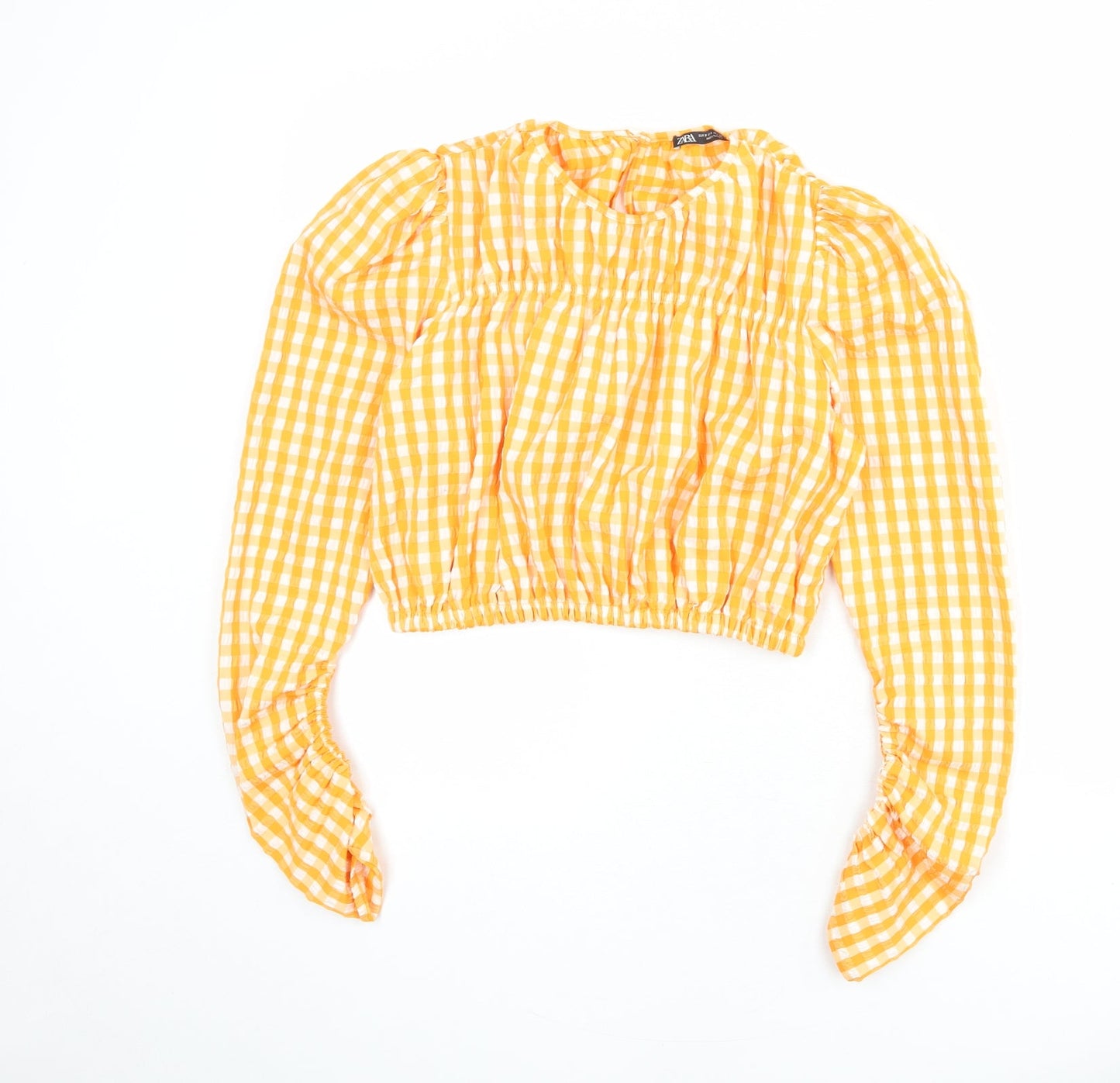 Zara Womens Orange Check Viscose Basic Blouse Size S Round Neck