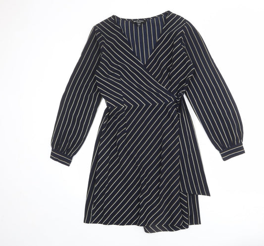 Brave Soul Womens Blue Striped Polyester Wrap Dress Size S V-Neck Tie