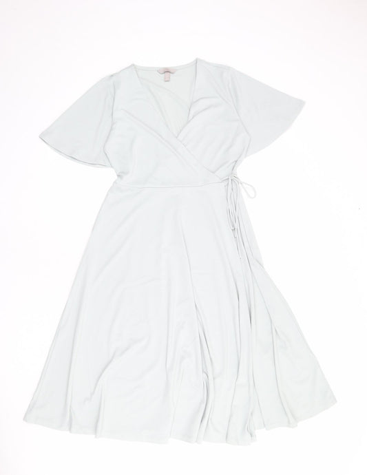 H&M Womens Blue Polyester Wrap Dress Size S V-Neck Tie - Butterfly Sleeves