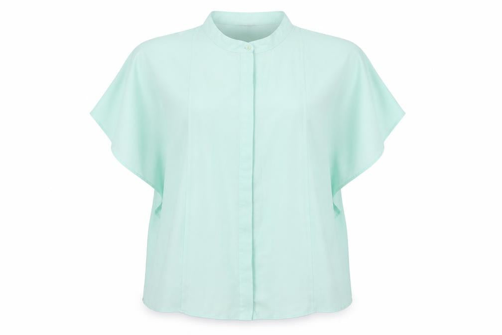 Front view of ASOS women’s green polyester basic blouse, size UK 18, round neck