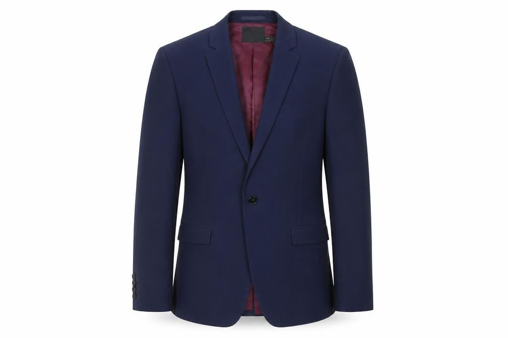 Front view of ASOS men’s blue polyester jacket suit jacket, size 38, regular