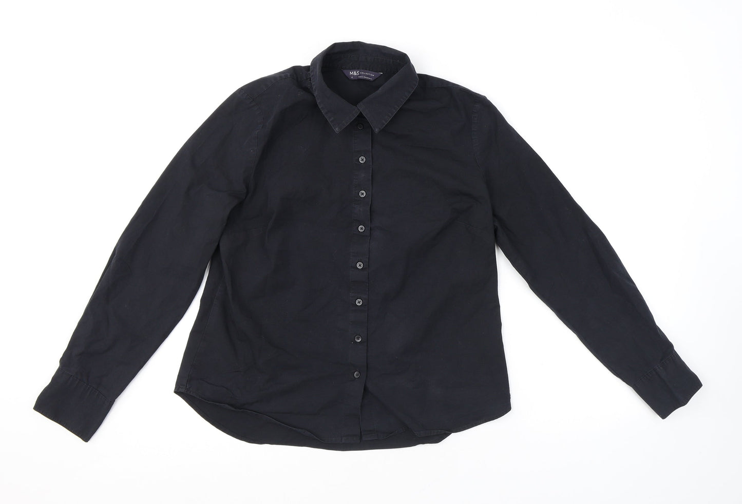Marks and Spencer Womens Black Cotton Basic Button-Up Size 12 Collared