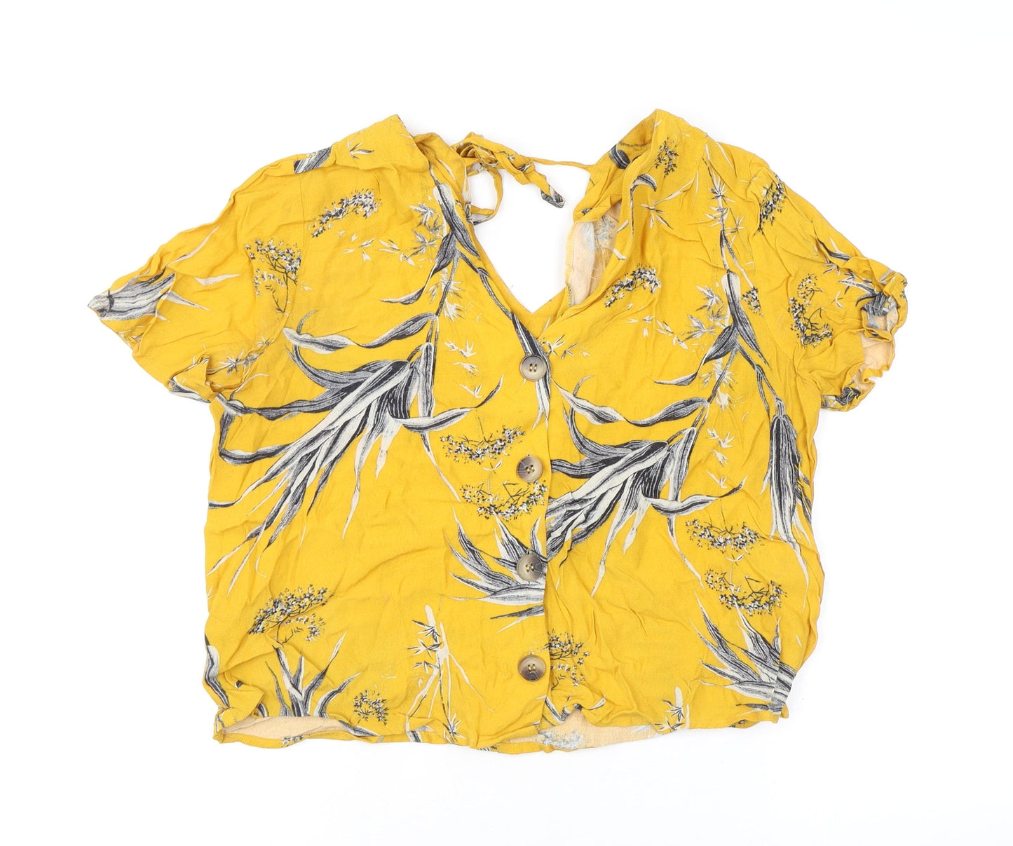 Warehouse Womens Yellow Floral Viscose Basic Button-Up Size 12 V-Neck