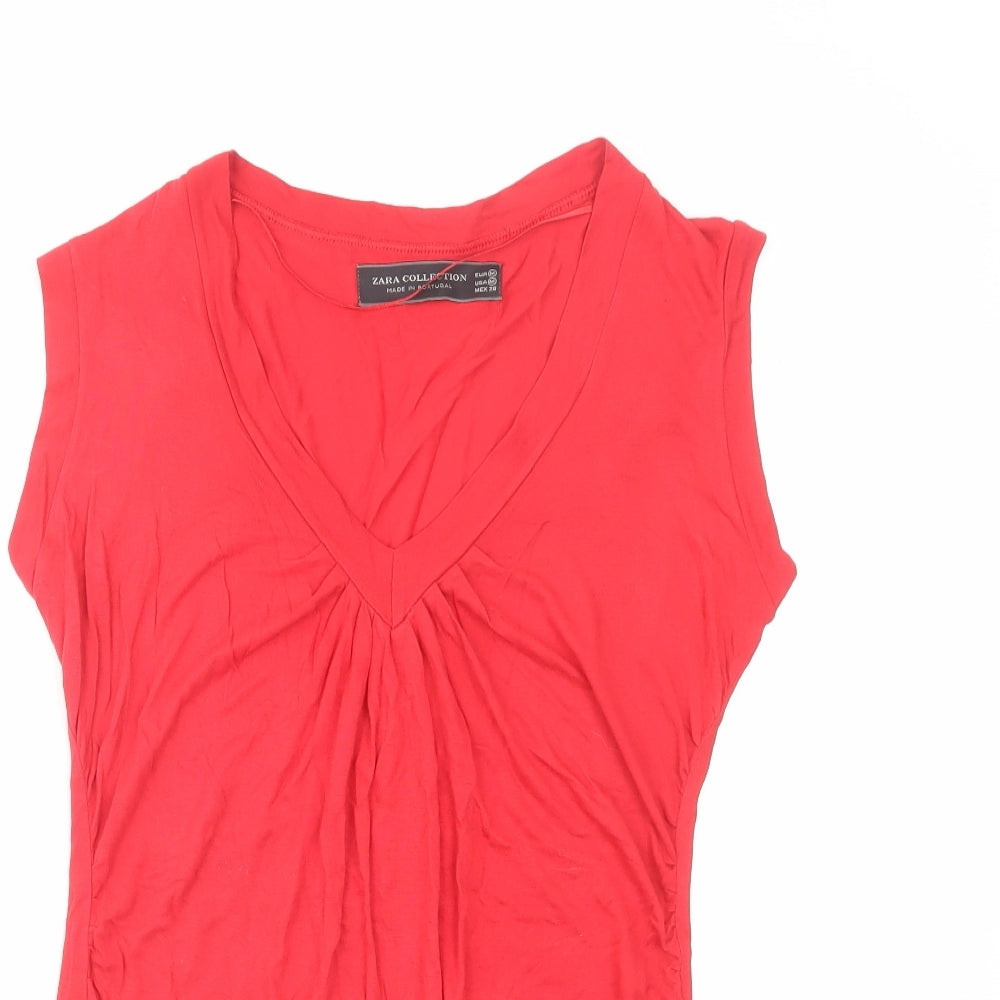 Zara Womens Red Viscose Basic T-Shirt Size M V-Neck