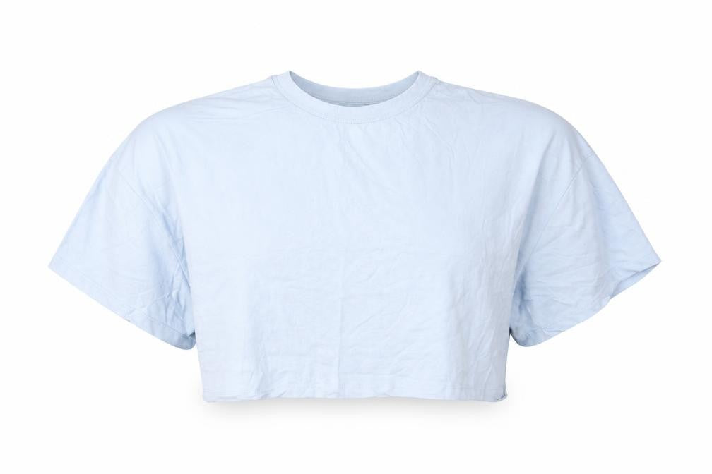 Front view of ASOS women’s blue cotton cropped t-shirt, size UK 16, round neck