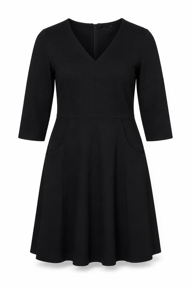 Front view of Kaliko women’s black polyester trapeze & swing, size UK 10, v-neck zip