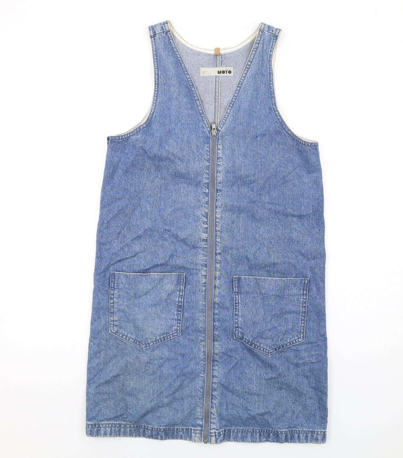 Topshop Womens Blue Cotton Pinafore/Dungaree Dress Size 8 V-Neck Zip