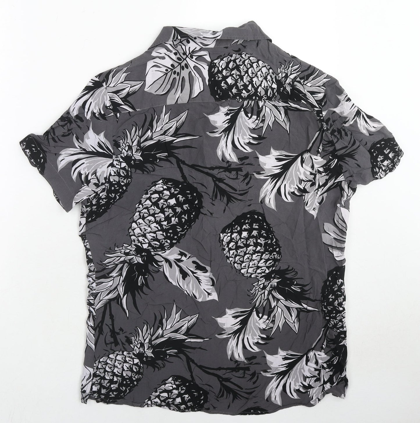 Red Herring Mens Grey Geometric Viscose Button-Up Size S Collared Buckle - Pineapple