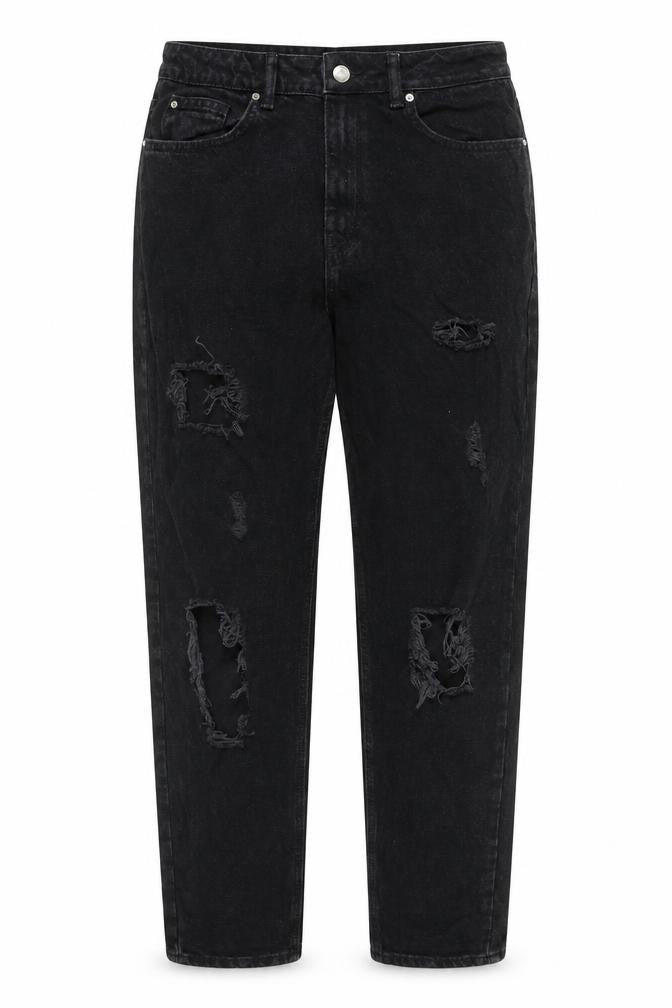 Front view of Denim & Co. women’s black cotton tapered jeans, size UK 10, 28-inch leg regular zip