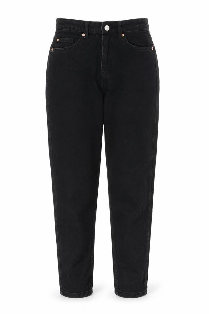 Front view of Denim & Co. women’s black cotton tapered jeans, size UK 12, 28-inch leg regular zip
