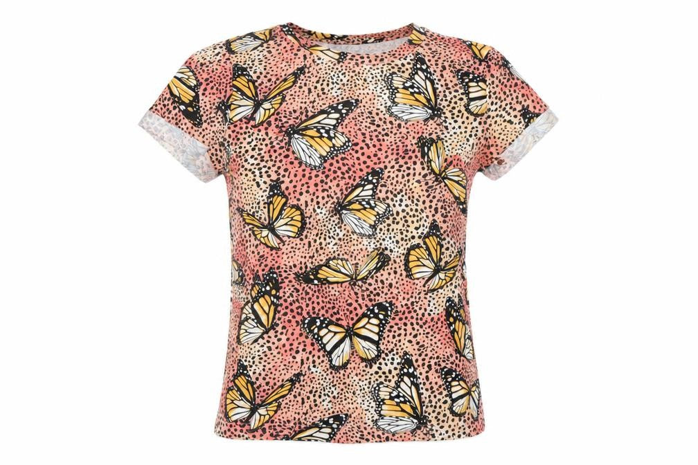 Bershka Womens Multicoloured Geometric Cotton Basic T-Shirt Size XS Crew Neck - Butterfly Pattern
