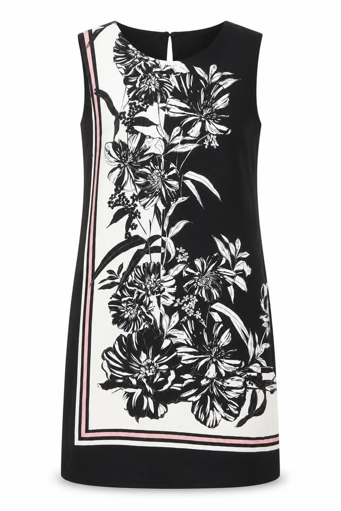 Front view of Principles women’s black floral polyester shift, size UK 10, boat neck button