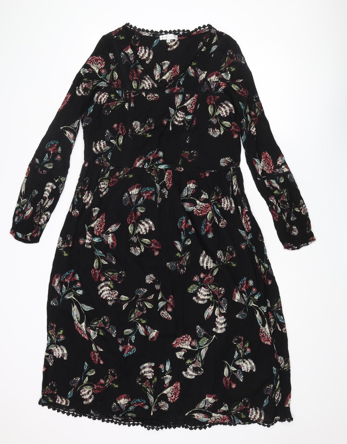 RJR.John Rocha Womens Black Geometric Viscose A-Line Size 10 V-Neck Pullover