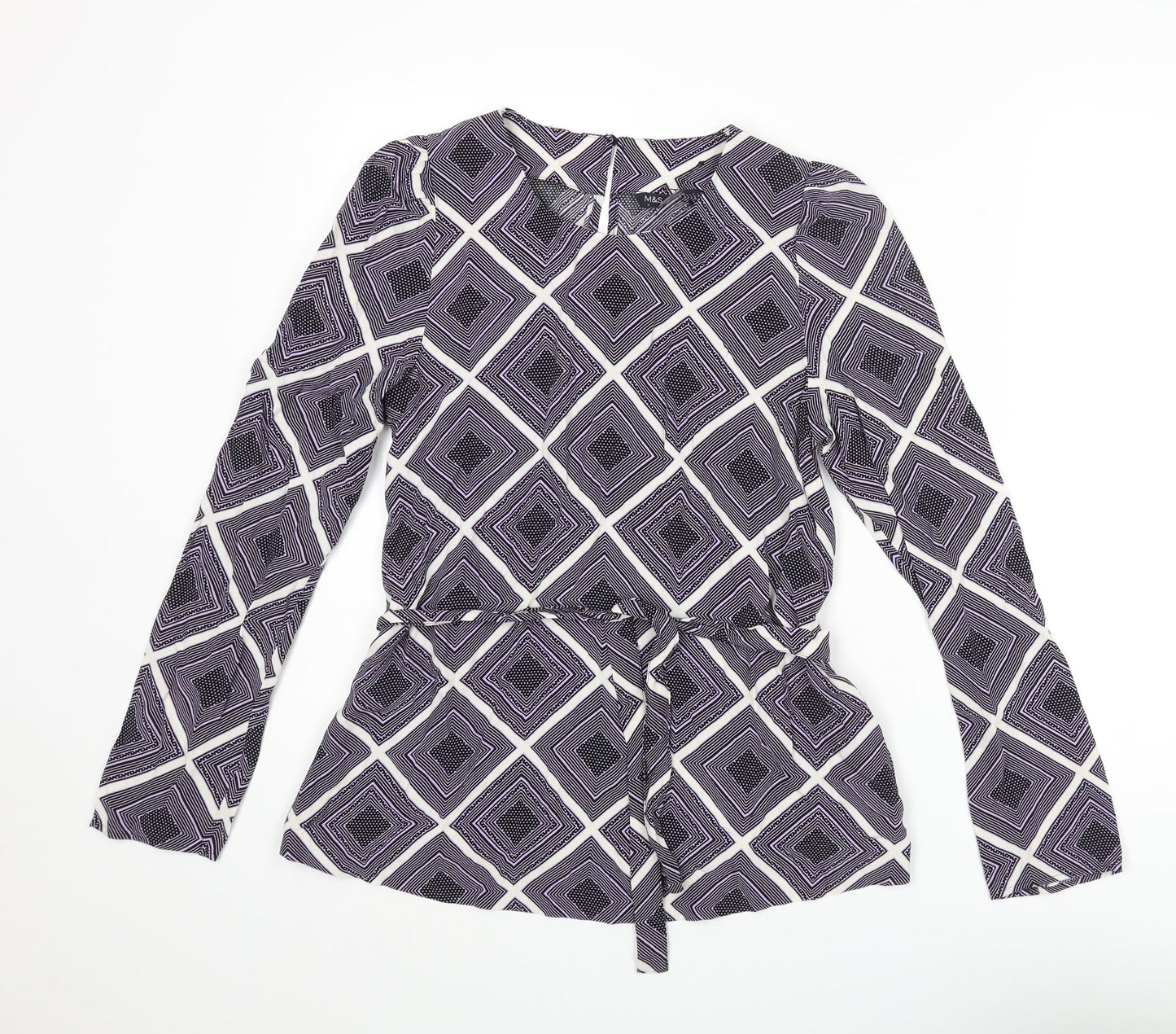 Marks and Spencer Womens Purple Geometric Viscose Basic Blouse Size 6 Round Neck