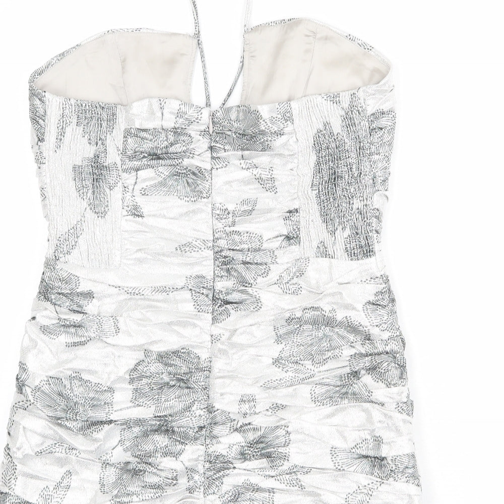 Zara Womens Silver Floral Polyester Mini Size XL Halter Zip
