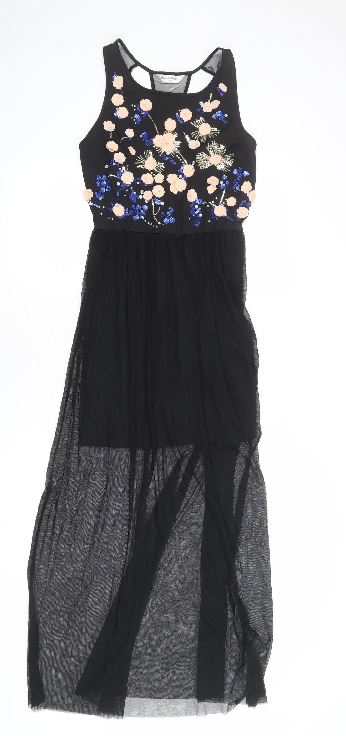 Additional front view of Miss Selfridge women’s black floral nylon maxi, size UK 10, round neck pullover
