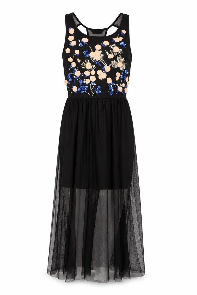 Front view of Miss Selfridge women’s black floral nylon maxi, size UK 10, round neck pullover