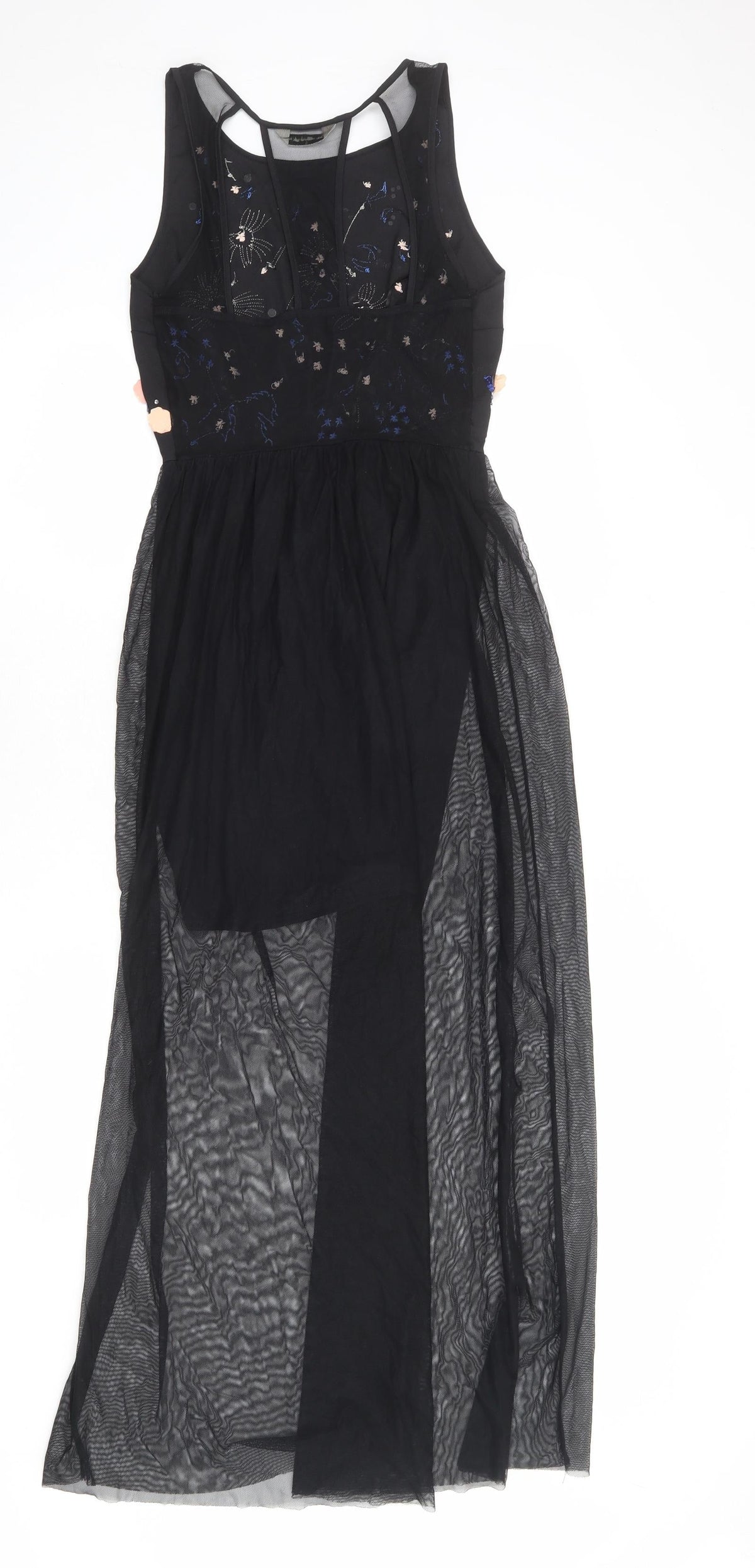 Back view of Miss Selfridge women’s black floral nylon maxi, size UK 10, round neck pullover