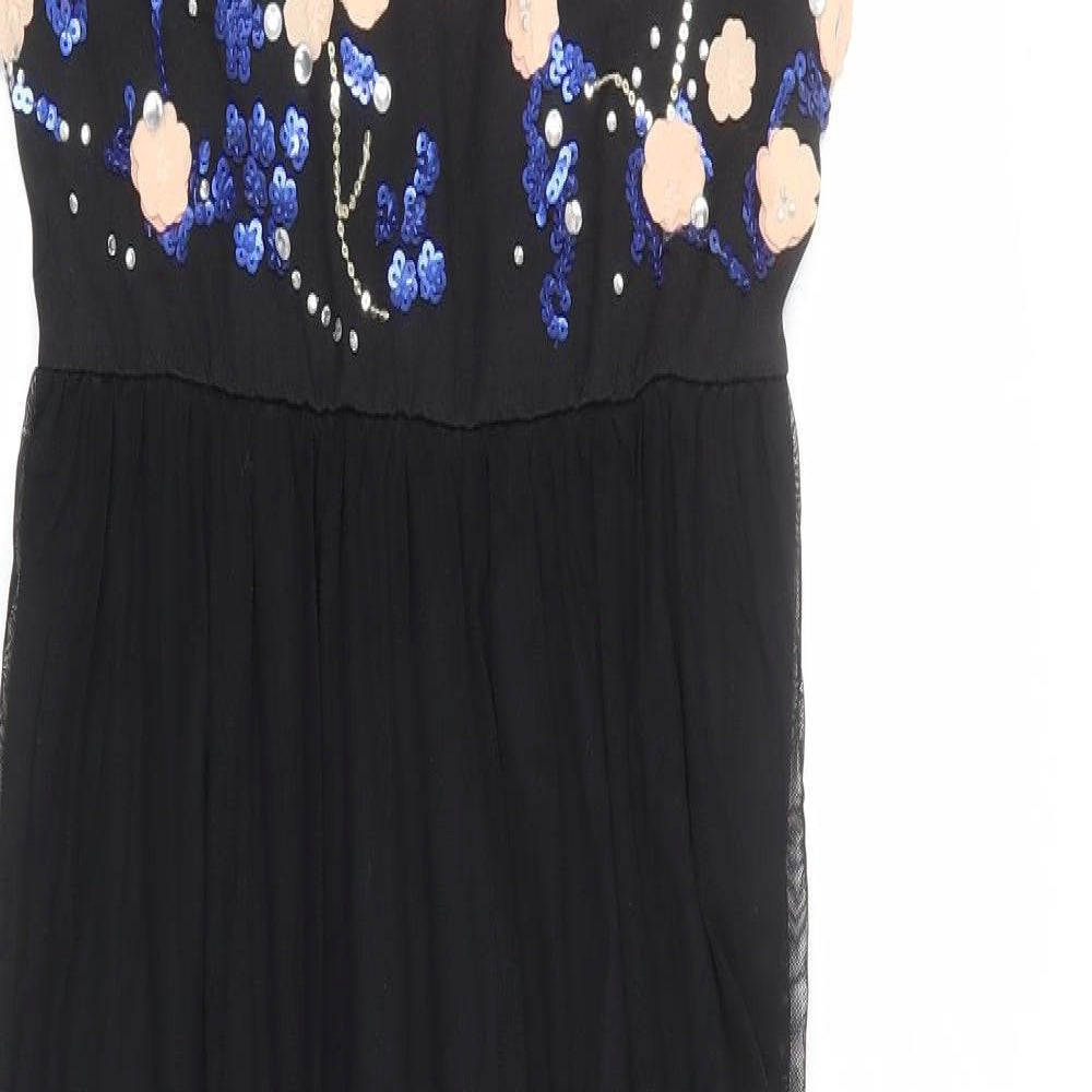 Close-up detail of Miss Selfridge women’s black floral nylon maxi, size UK 10, round neck pullover