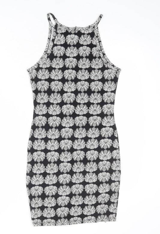 TALLY WEiJL Womens Black Geometric Cotton Bodycon Size S Boat Neck Pullover