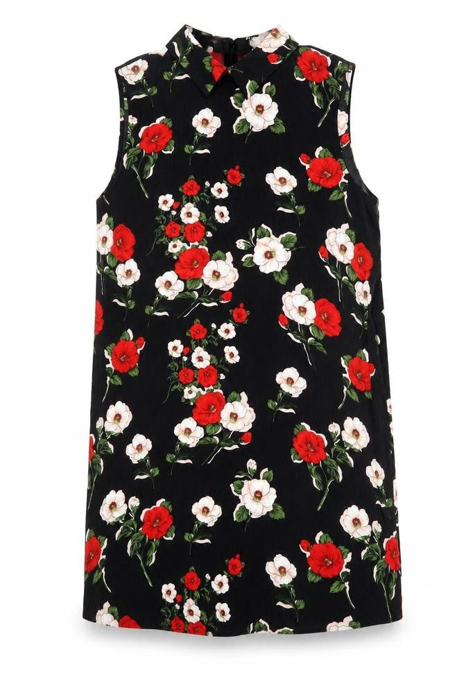 Front view of Fashion Union women’s black floral polyester shift, size UK 16, collared tie
