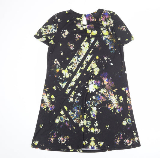 Warehouse Womens Black Floral Polyester Shift Size 10 Round Neck Button