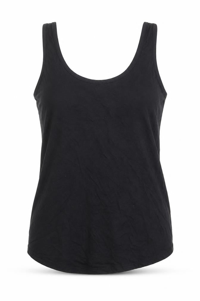 Front view of ASOS women’s black cotton basic tank, size UK 12, round neck