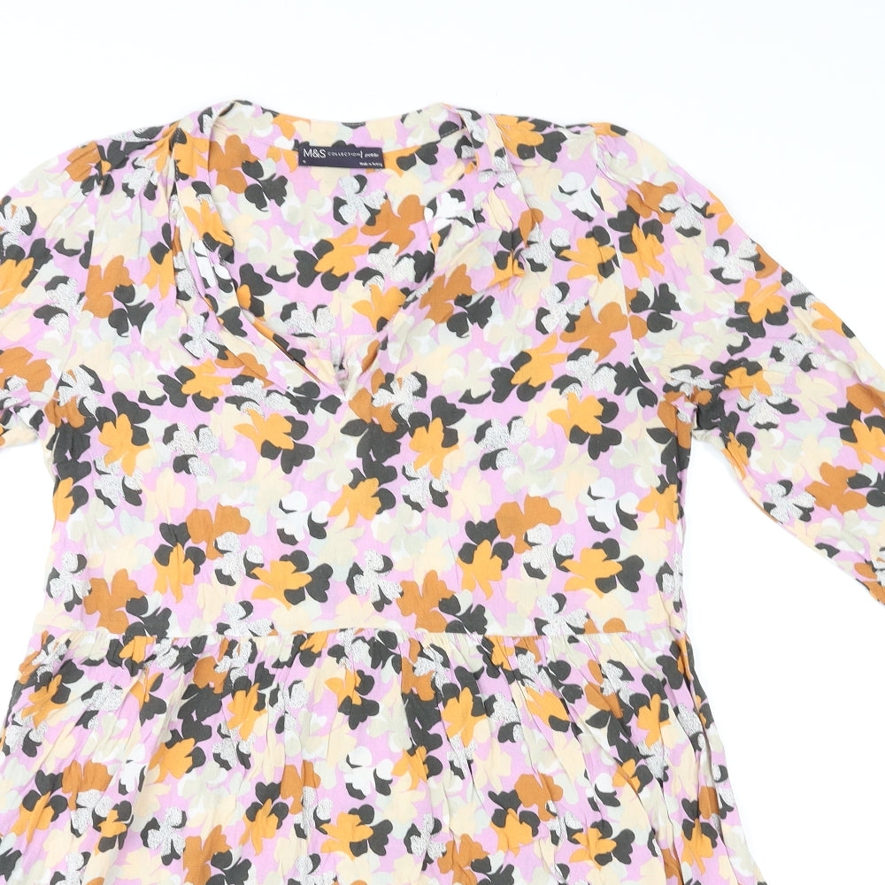 Marks and Spencer Womens Multicoloured Geometric Viscose A-Line Size 10 V-Neck Pullover