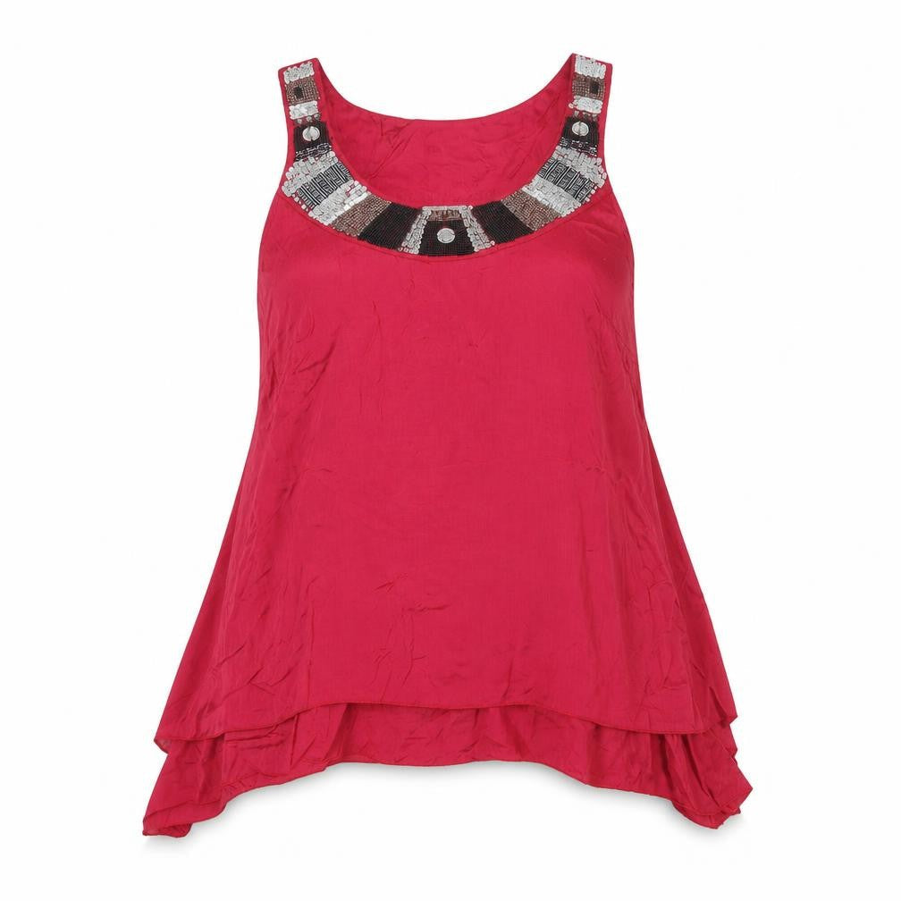 Front view of Red Herring women’s red viscose basic tank, size UK 14, round neck