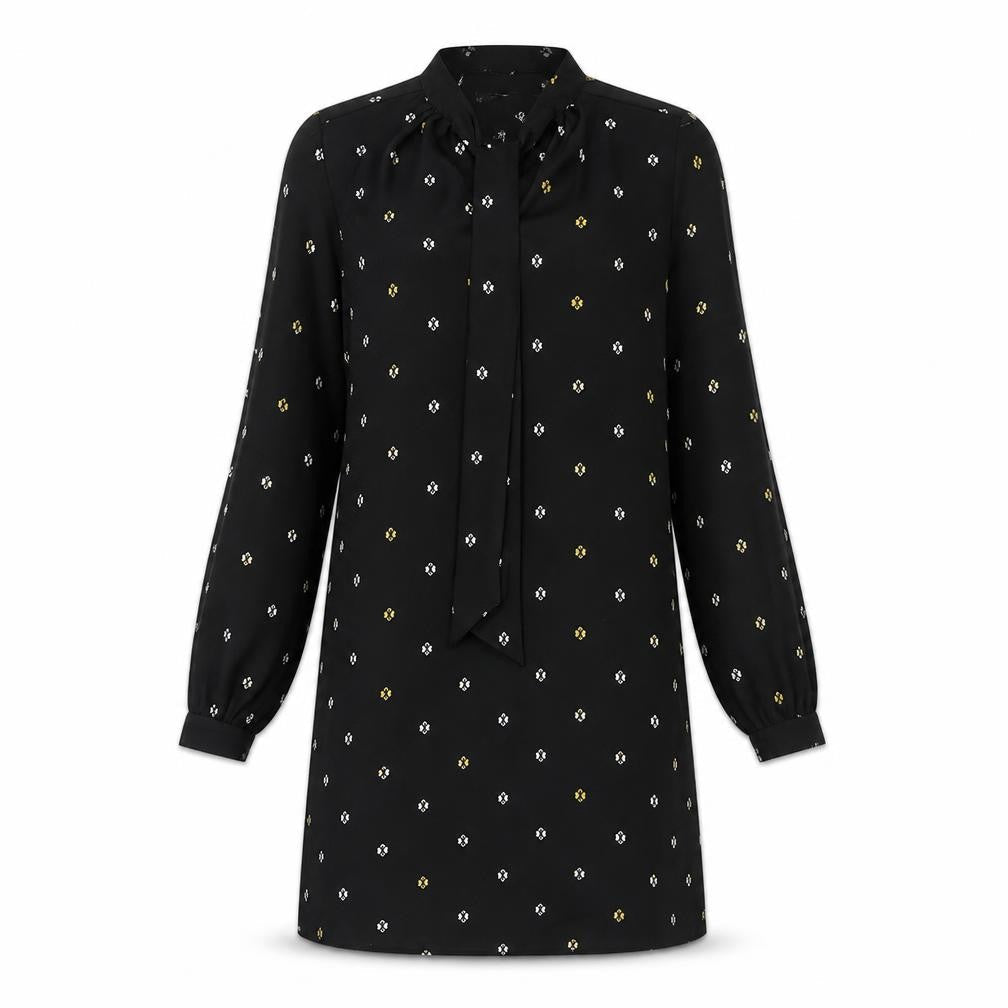Marks and Spencer Womens Black Geometric Polyester Shift Size 10 Round Neck Pullover - Tie Neck Detail