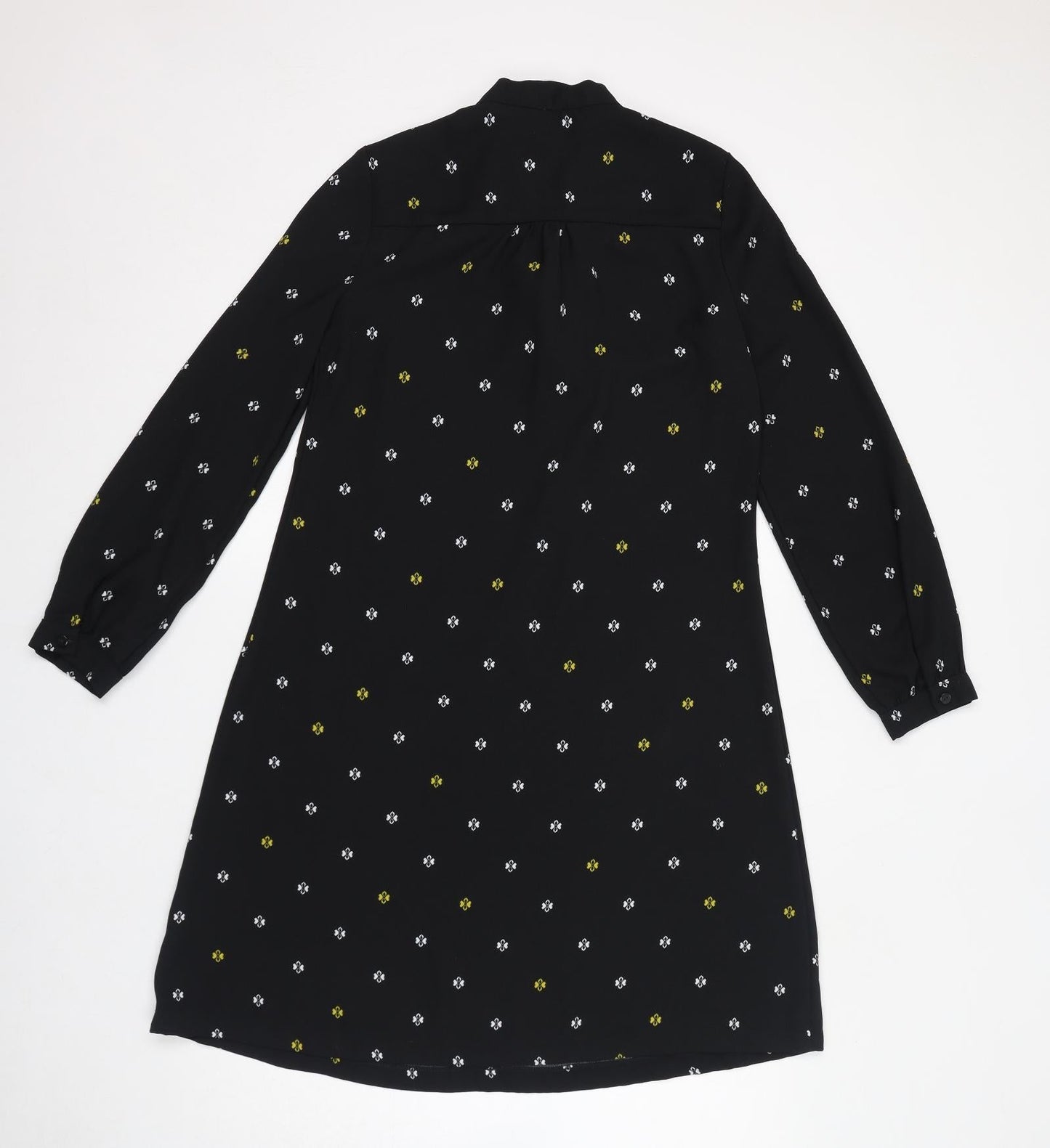 Marks and Spencer Womens Black Geometric Polyester Shift Size 10 Round Neck Pullover - Tie Neck Detail