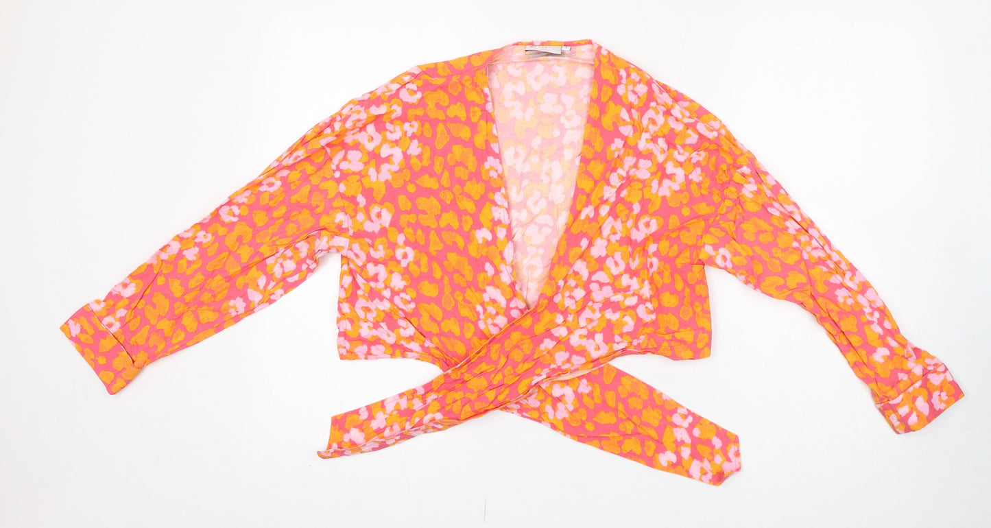 ASOS Womens Pink Animal Print Viscose Cropped Blouse Size 8 V-Neck - Tie Front