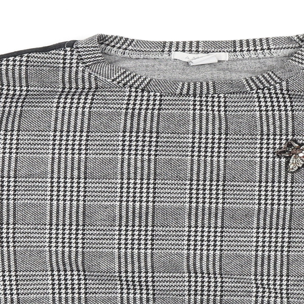 Amisu Womens Black Check Polyester Basic T-Shirt Size S Round Neck