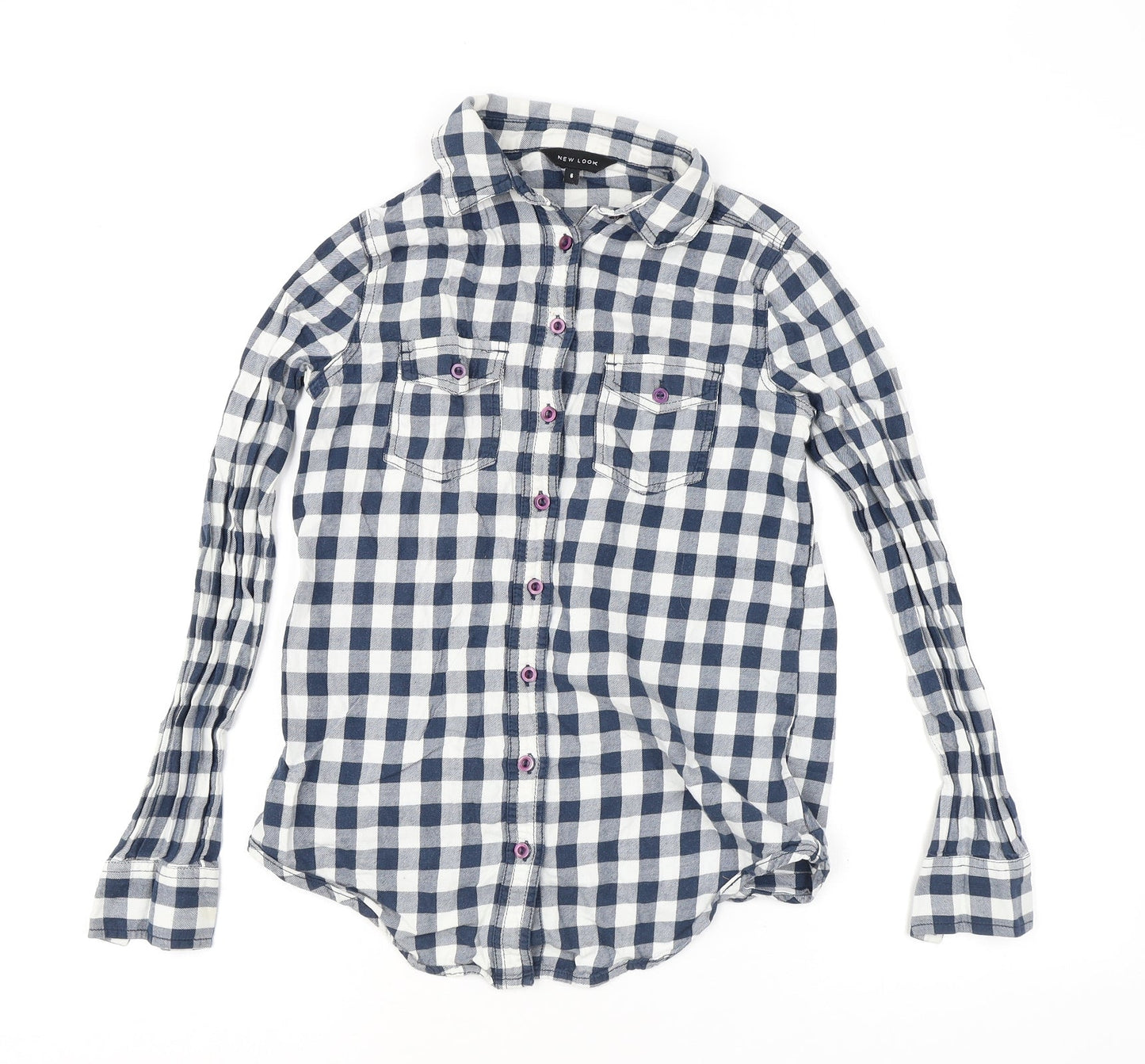 New Look Womens Blue Check Viscose Basic Button-Up Size 6 Collared