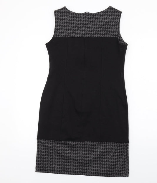 BHS Womens Black Geometric Polyester Shift Size 12 Boat Neck Zip