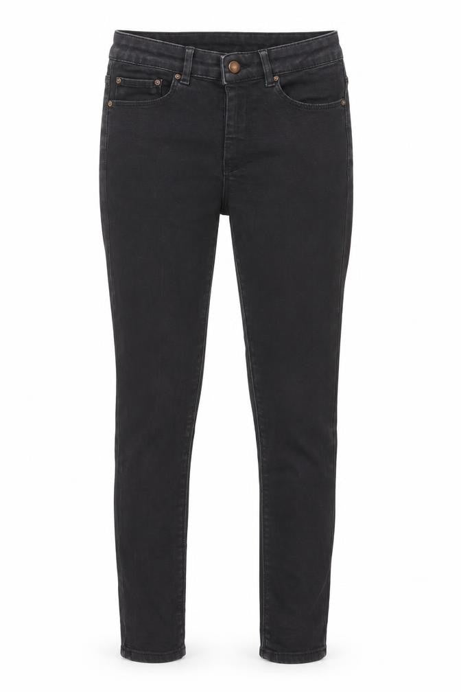 Front view of ASOS women’s black cotton skinny jeans, size UK 26, in, 32-inch leg regular zip