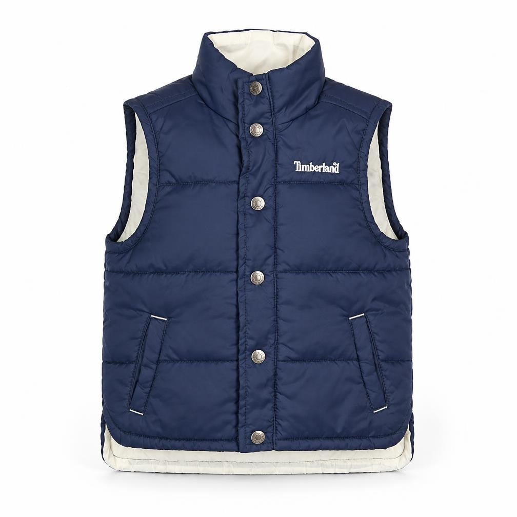 Front view of Timberland boys’ blue gilet jacket, size 3, years zip