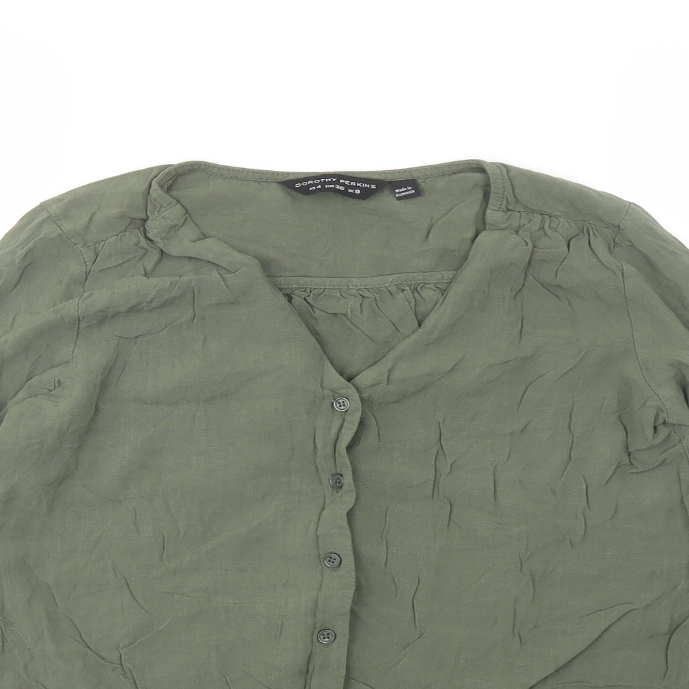 Dorothy Perkins Womens Green Viscose Basic Button-Up Size 8 V-Neck - Knot Front