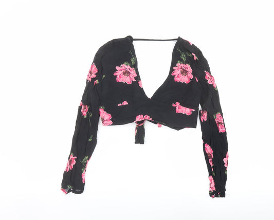 Nobody's Child Womens Black Floral Viscose Cropped Blouse Size 12 V-Neck
