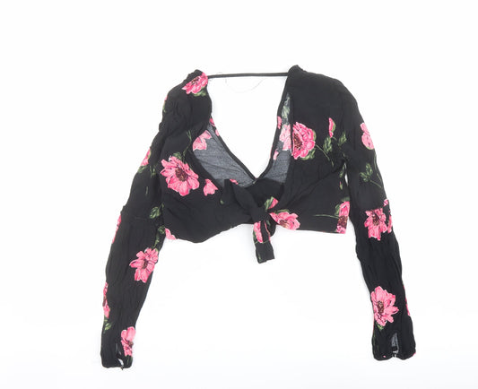 Nobody's Child Womens Black Floral Viscose Cropped Blouse Size 12 V-Neck
