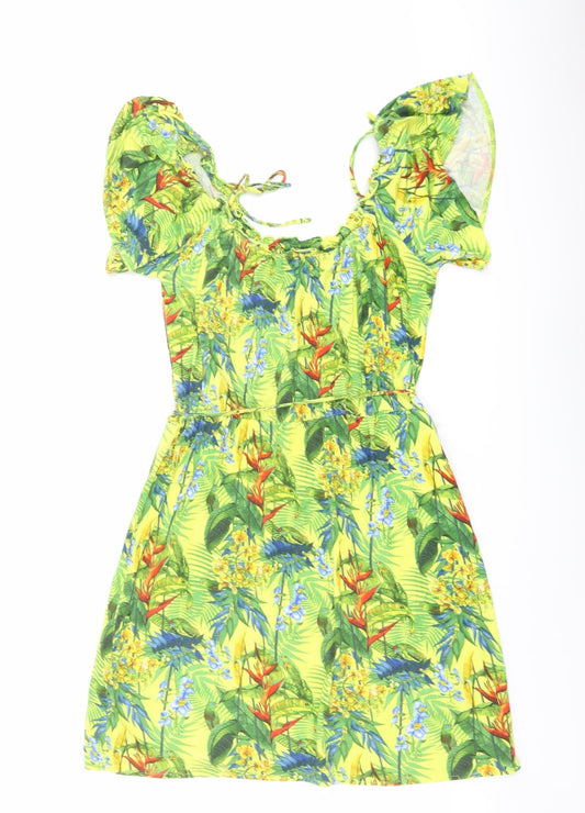 Oasis Womens Yellow Geometric Viscose A-Line Size L Round Neck Pullover - Parrot Print