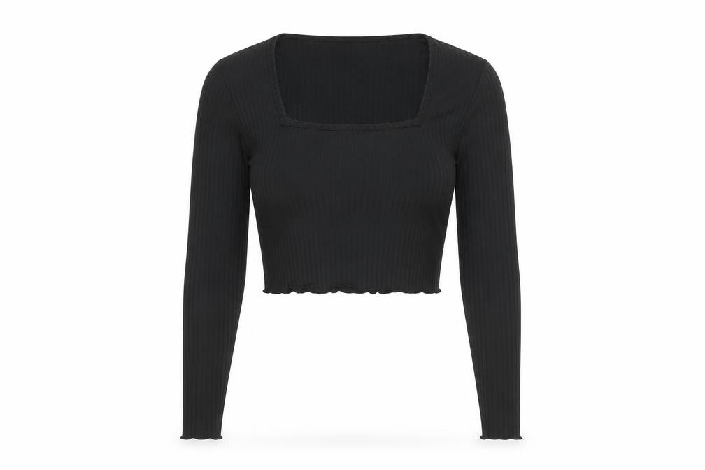 Front view of Red Herring women’s black polyester cropped t-shirt, size UK 10, square neck