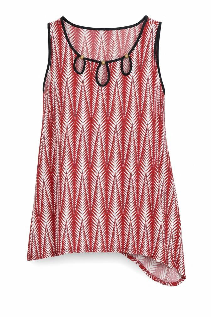 Front view of Originals women’s red geometric viscose basic tank, size UK 14, round neck