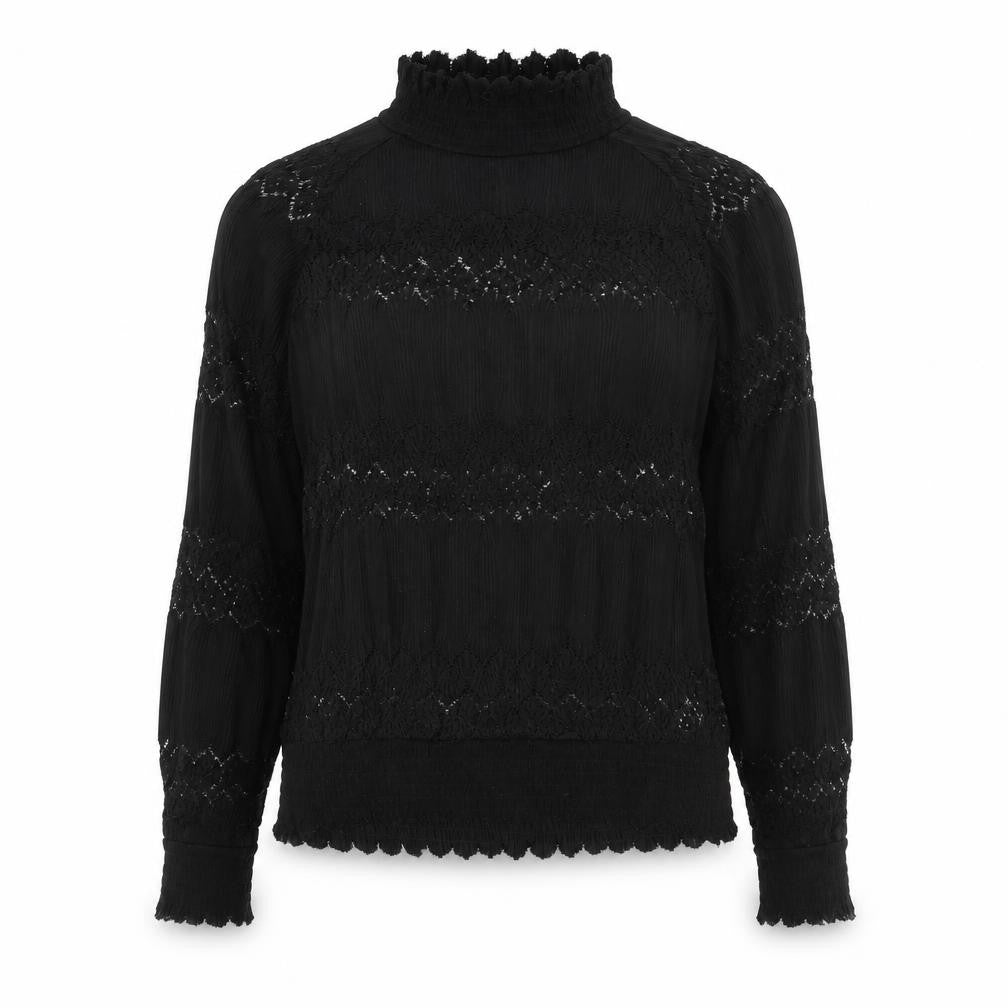 Front view of b.young women’s black polyester basic blouse, size UK 14, mock neck - lace detail